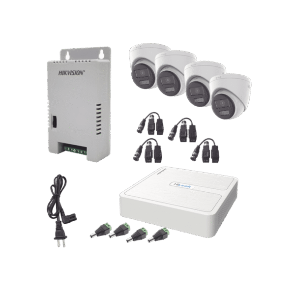 Hilook by Hikvision HL1080P4ETWA-l Kit HiLook Audio Bidireccional TurboHD 1080p / DVR 4 Canales / 4 Cámaras Eyeball (Exterior) con Bocina y Microfóno Integrado / 1 Fuente de Poder / Accesorios