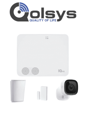 QOLSYS IQ4 NS Video Basico - Paquete que contiene Sistema de Alarma IQ 4 NS", Power G 915 Mhz 1 sensor PIR inalámbrico PG9914, 1 sensores magnéticos inalámbrico PG9303 y Cámara Interior alarm.com ADCV523