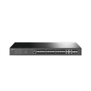 Switch de Fibra Óptica L2+ Omada / 24 puertos SFP 1GE / 4 Puertos Combinados SFP+/RJ45 Gigabit / 2 Puertos Consola RJ45|micro-SUB / Administración Centralizada Omada o Stand-Alone / Compatile con IPv6 /  Multicast IGMP