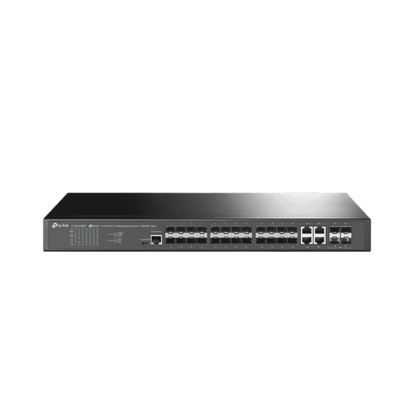 Switch de Fibra Óptica L2+ Omada / 24 puertos SFP 1GE / 4 Puertos Combinados SFP+/RJ45 Gigabit / 2 Puertos Consola RJ45|micro-SUB / Administración Centralizada Omada o Stand-Alone / Compatile con IPv6 /  Multicast IGMP