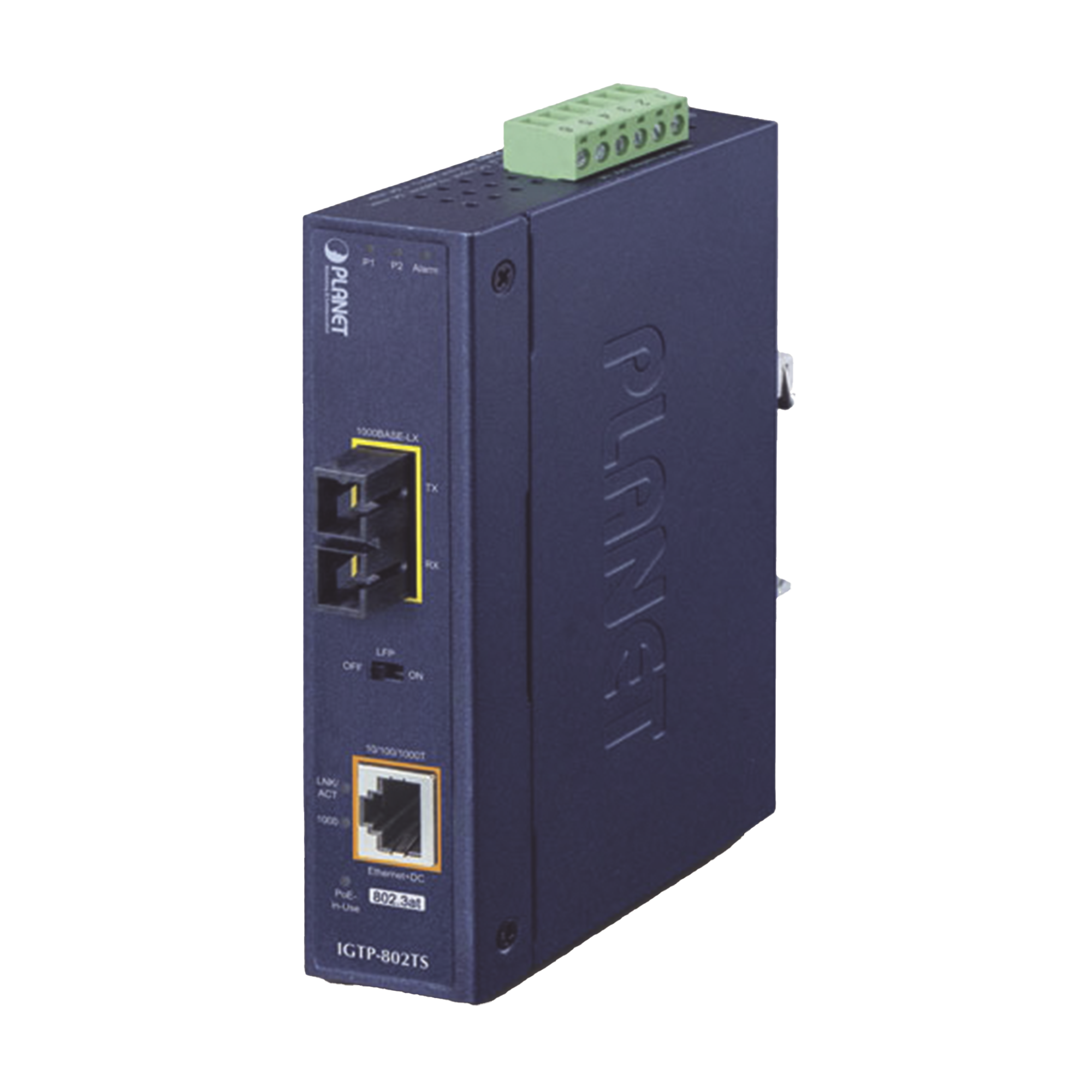 Convertidor de medios industrial PoE+ 1000BASE-LX a 10/100/1000BASE-T 802.3at (SC,SM) -20 km