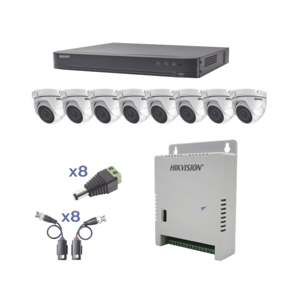 Epcom Professional kevtx8t8ew KIT TurboHD 1080p / DVR 8 Canales / 8 Cámaras Eyeball (exterior 2.8 mm) / Transceptores / Conectores / Fuente de Poder Profesional hasta 15 Vcc para Larga Distancia