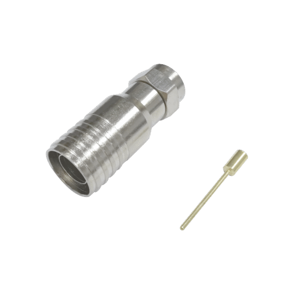 Conector F Macho en 75 Ohm, Plegable para Instalar en Cables Coaxiales RG-11, Cuerpo de Bronce-Niquelado/ Teflón.