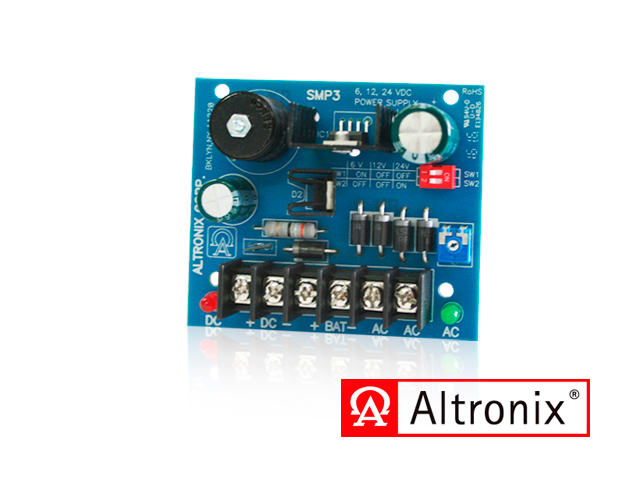 Fuente De Alimentación/Cargador Altronix Smp3 Convierte La Entrada De Ac De Bajo Voltaje En 6Vcd 12Vcc O 24Vcc A 2.5A De Corriente De Suministro Continuo. Esta Fuente De Uso General Tiene Una Amplia Gama De Aplicaciones Para Control De Acceso Seguridad Y Accesorios De Sistema De Cctv Que Requie