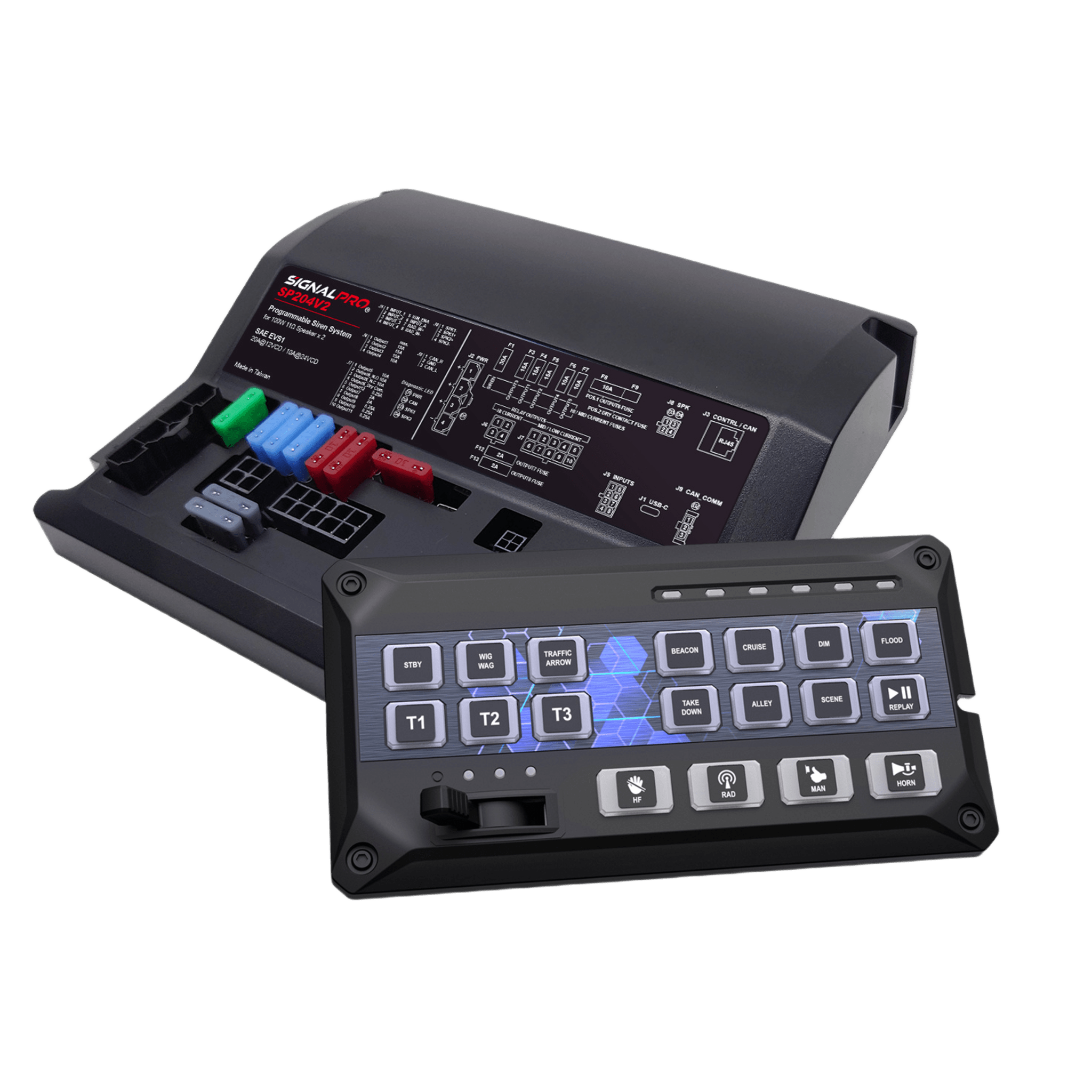 Signalpro sp204rv2 Sirena Vehicular de 200W de Potencia, Programable, Con Controlador de Panel Deslizante de 19 botones, indicador de flecha de tráfico de 6 LED, 12 Salidas Auxiliares
