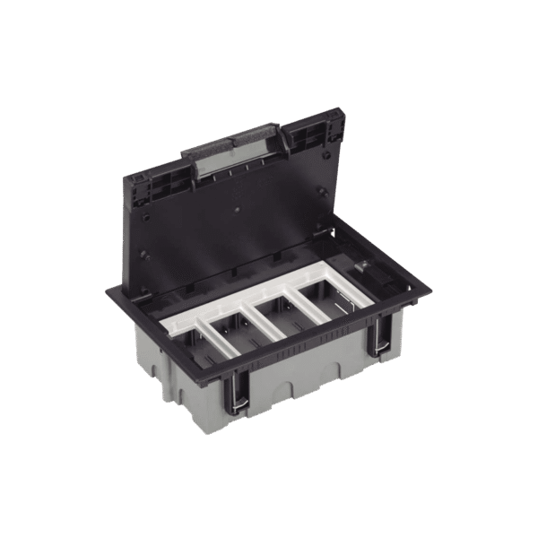 Simon sm-cpav-4 Caja Para Instalación en Pavimento para Voz, Datos o Contactos Eléctricos / Capacidad para 4 Módulos / Espacio Embellecedor en la Tapa / Profundidad Ajustable de 90 a 120 mm / Los Módulos se Adquieren Aparte / Incluye Registro