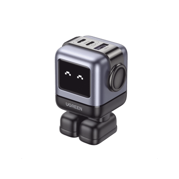 Ugreen 15570b 15570b Cargador RobotGaN de 65W Serie UNO | 3 Puertos de Carga Rápida | 2 USB-C | 1 USB-A | PD 3.0 | QC 4.0 | Carga Inteligente | Tecnología GaN II | Zapato Magnético Extraíble | Carcasa Ignifuga | Pantalla LED