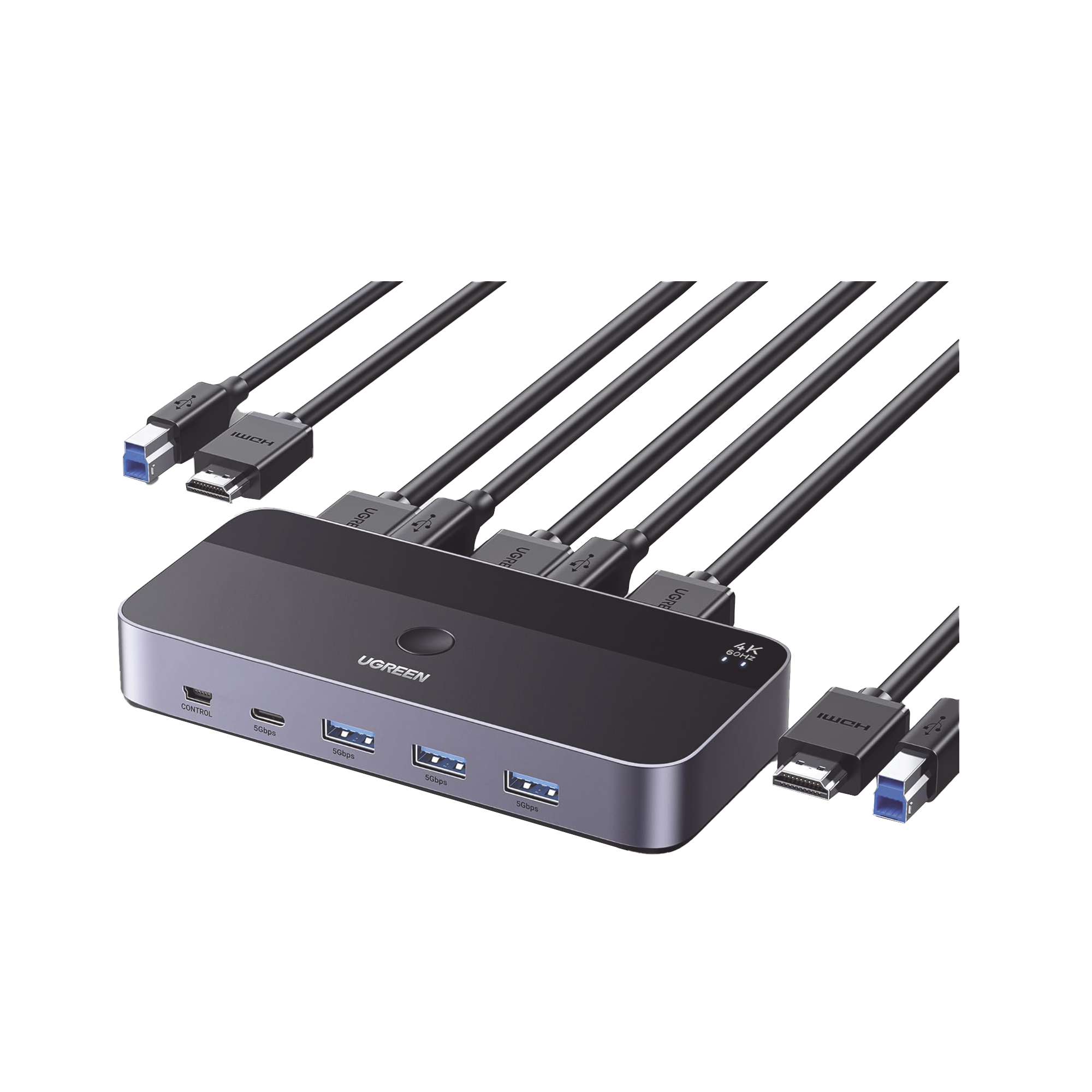 Ugreen 15707 15707 Conmutador KVM HDMI 4K | HDMI 2.0 | 2 Entradas 1 Salida | 4 Puertos USB 3.0 (3 USB-A *1 USB-C) | Soporta 4K@60Hz | HDR | Indicador Led | Compatible Win, MacOs y Linux | Carcasa de Aluminio.
