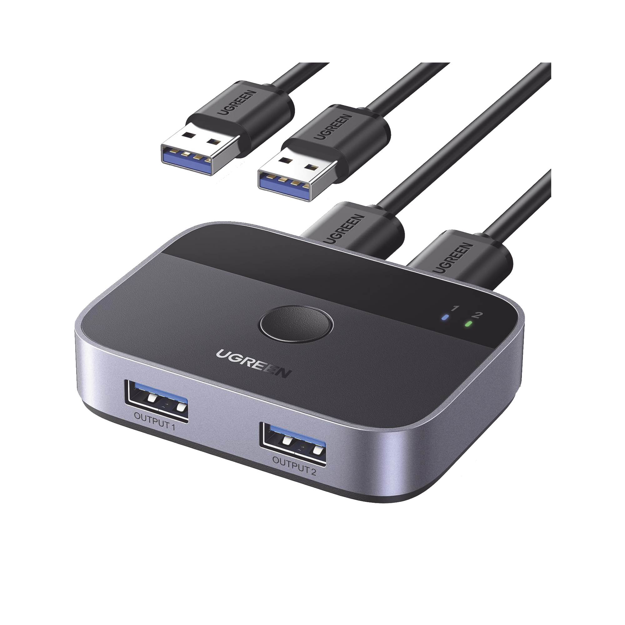 Ugreen 35313 35313 Conmutador USB para Compartir 2 Puertos USB 3.0 a 2 PC Ìs | Cambio Mediante Botón | Incluye Dos Cables USB de 1.5 m | ABS | Permite que 2 Usuarios Compartan 2 Dispositivos Periféricos USB 3.0, como una impresora, un escáner, etc.
