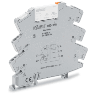 Wago 857-359 857359 Módulo con Relé WAGO 857-359 / 24V ... 230V AC/DC / Corriente Permanente Límite 6 A / Un Inversor / Indicador de Estado Amarillo / Montaje en Carril DIN-35 / Aislamiento Reforzado