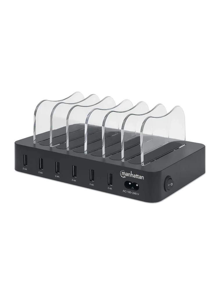 MANHATTAN - 102254 - Estación de carga con 6 puertos USB / Seis puertos USB-A, hasta 5 V / 2.4 A por puerto, 50 W de salida en total, negro