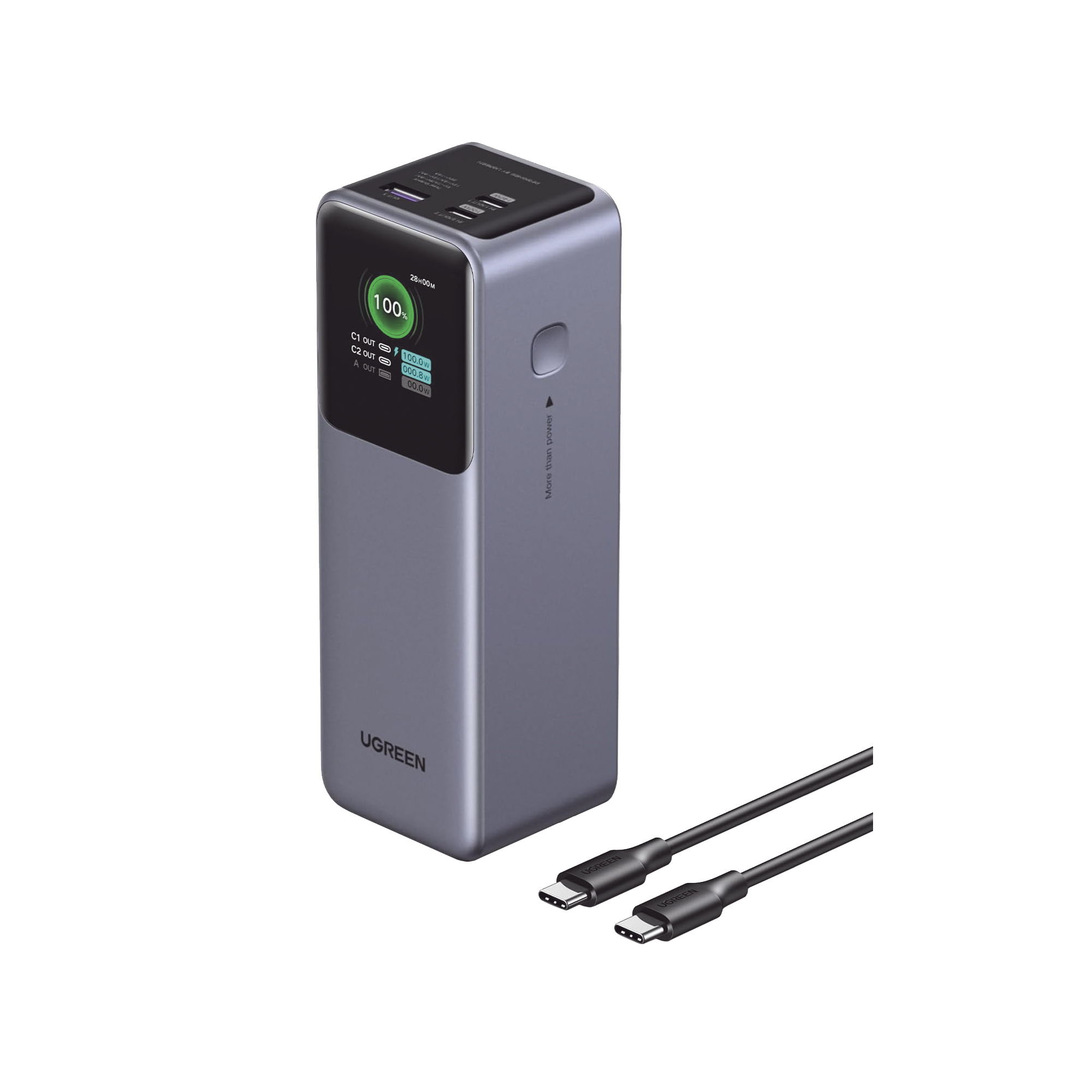 Ugreen 35526b Power Bank de 12000mAh | 3 Salidas 100W Max. | USB-A + 2 USB-C | PD 3.0 | QC3.0 | FCP | SCP | Pantalla Inteligente | Carcasa Ignifuga | Color Gris | Incluye Cable USB de 50cm | Carga tu Laptop de Manera Segura.