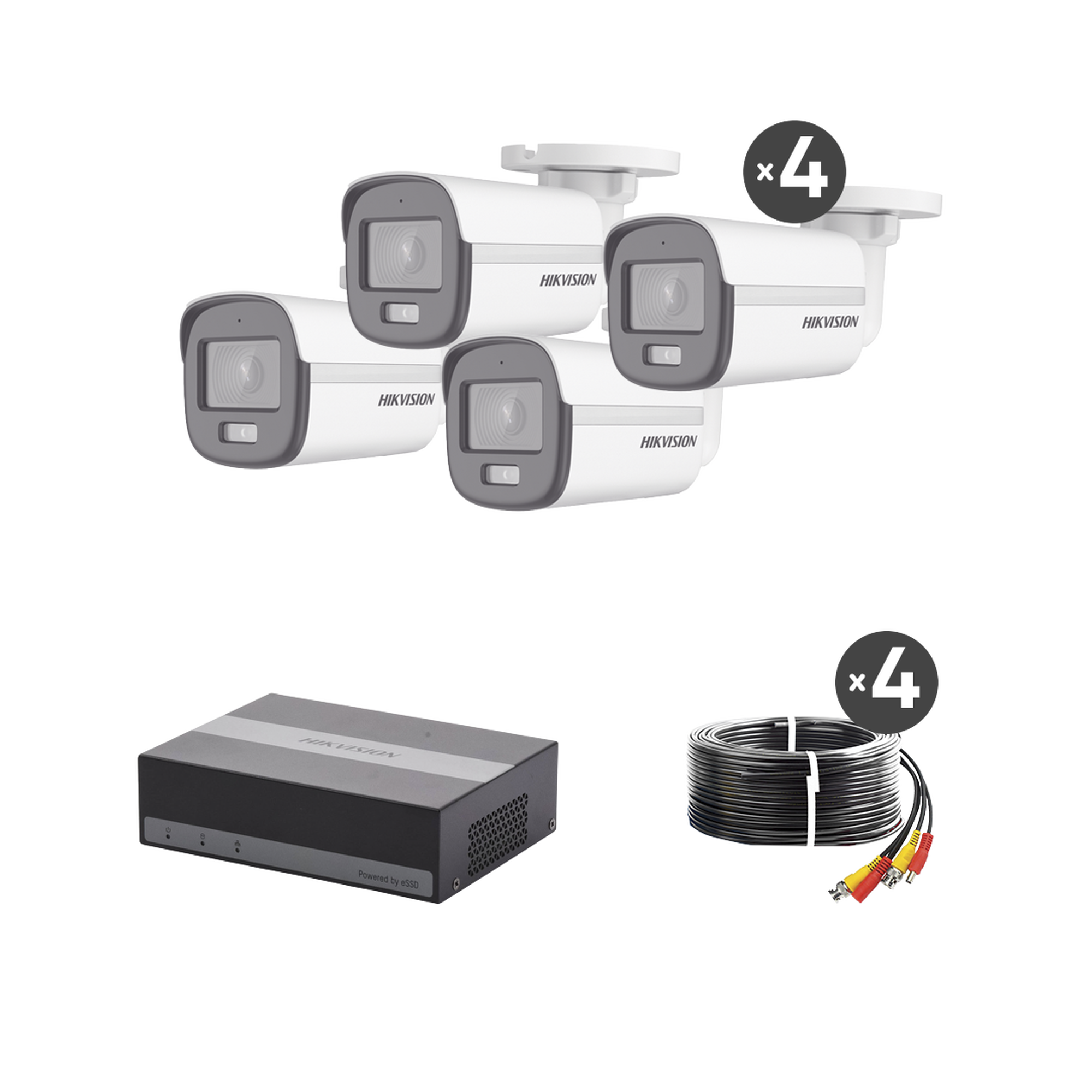 Hikvision hk-e-1080-cv/a Kit TurboHD 1080p / DVR 4 Canales con Unidad de Almacenamiento eSSD de 300 GB / 4 Cámaras Bala ColorVu con Micrófono Integrado / Fuente de Poder / Accesorios de Instalación