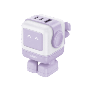 Ugreen 35314b Cargador RobotGaN de 65W Serie UNO | 3 Puertos de Carga Rápida | 2 USB-C | 1 USB-A | PD 3.0 | QC 4.0 | Carga Inteligente | Tecnología GaN II | Zapato Magnético Extraíble | Carcasa Ignifuga | Pantalla LED.