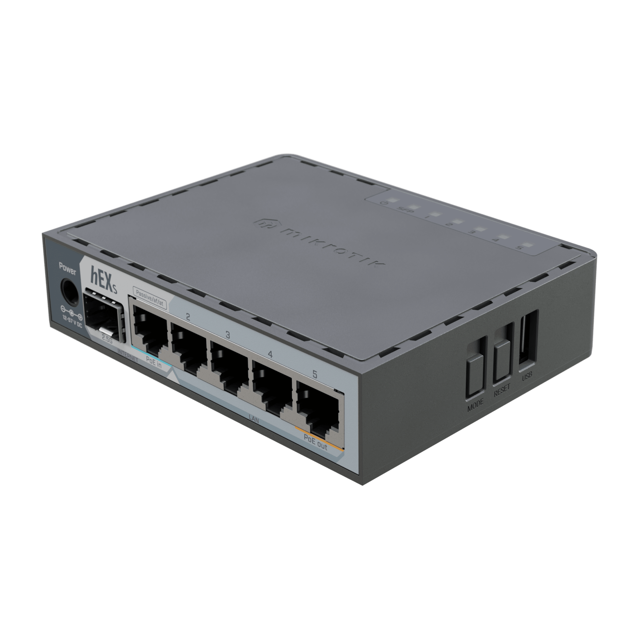 Mikrotik e60iugs Router hEX S / 5 Puertos Gigabit Ethernet / 1 Puerto SFP 2.5G / Dual-Core ARM / 512 MB RAM / RouterOS V7 / PoE-In y PoE-Out / Montaje en Pared