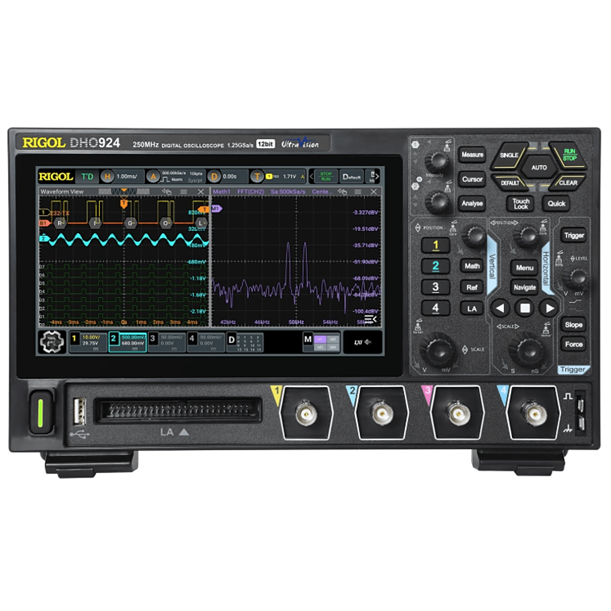 Syscom dho924 Osciloscopio Digital RIGOL de 4 Canales Análogos, 250 MHz de Ancho de Banda Análoga, Vel. de Muestreo-Tiempo Real de 1.25 GS/s.