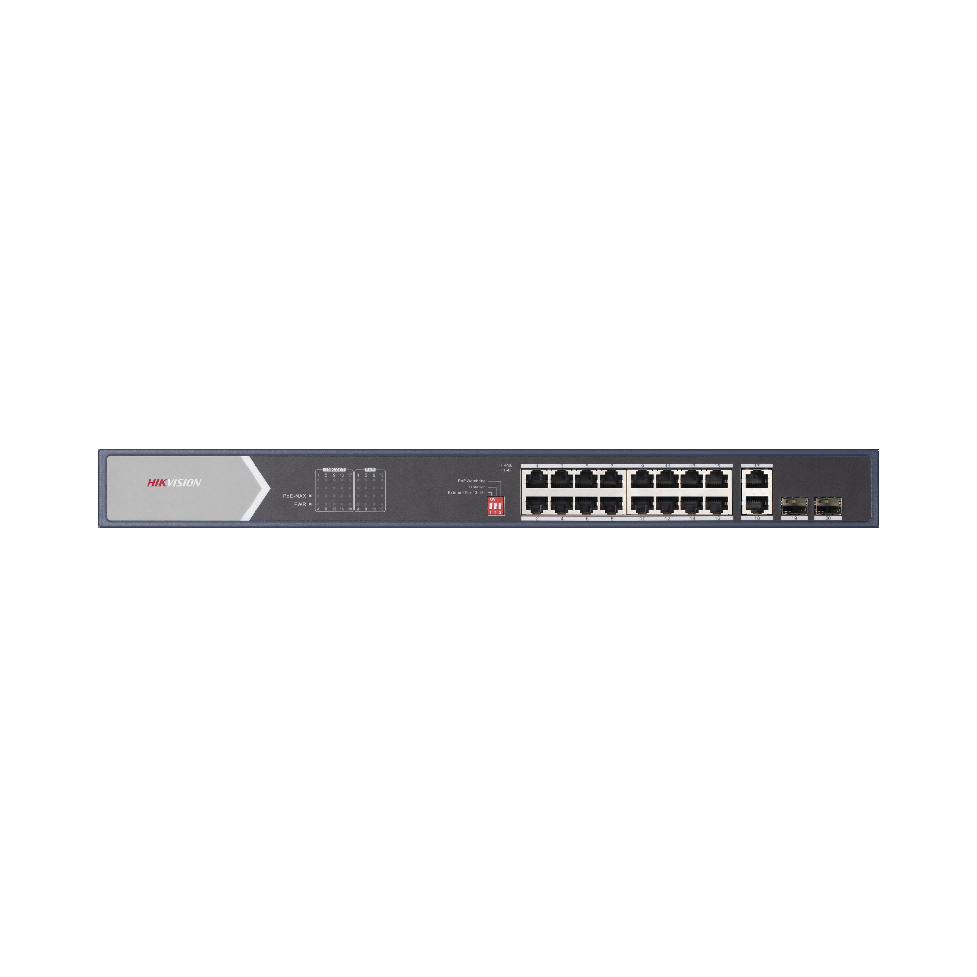 Hikvision ds-3e0520hp-e Switch Gigabit PoE+ / No Administrable / 16 Puertos 1000 Mbps PoE+ (4 Puertos PoE++ 90 W) / 2 Puertos 1000 Mbps Uplink + 2 Puertos SFP de Uplink / Modo Extendido hasta 300 Metros / 225 W