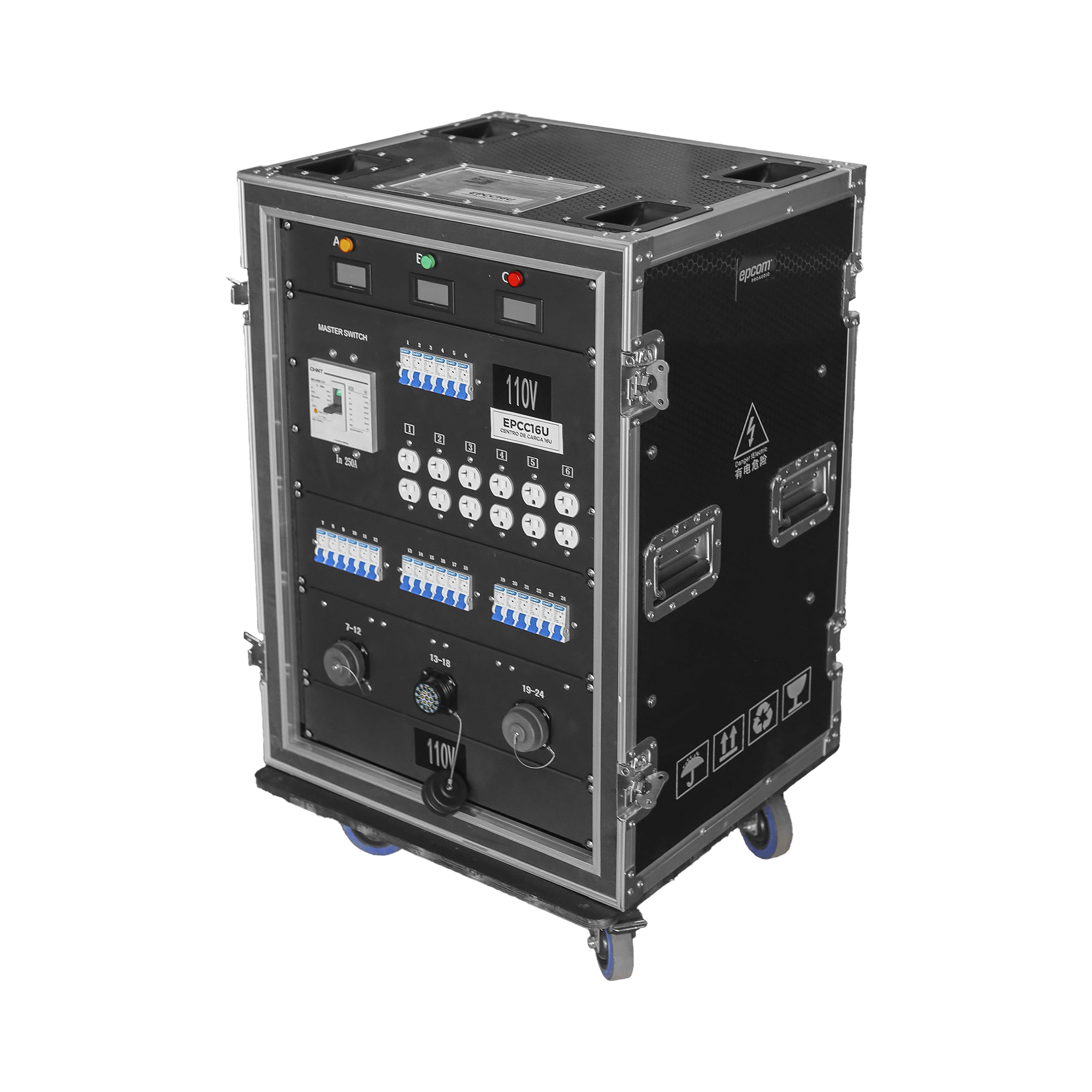 Epcom Proaudio epcc16u Centro de carga movil para instalaciones temporales con conexión TIPO socapex a 110v Y 220V | RACK 16U