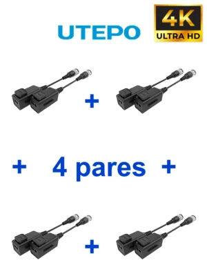 UTEPO UTP101PHD6PAK4 - 4 pares de transceptores pasivos HD, diseño para empalmes ordenados, distancias CVI: 720p a 300m, 1080p a 250m, 4MP a 200m, 4K a 150m