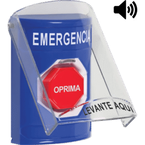 Sti ss24a2emes ?Botón Multipropósito, Color Azul, De Superficie, Con Tapa De Policarbonato, Con Bocina Pre Alarma, Solo Interior, Llave Para Restablecer, Texto De Emergencia, Español