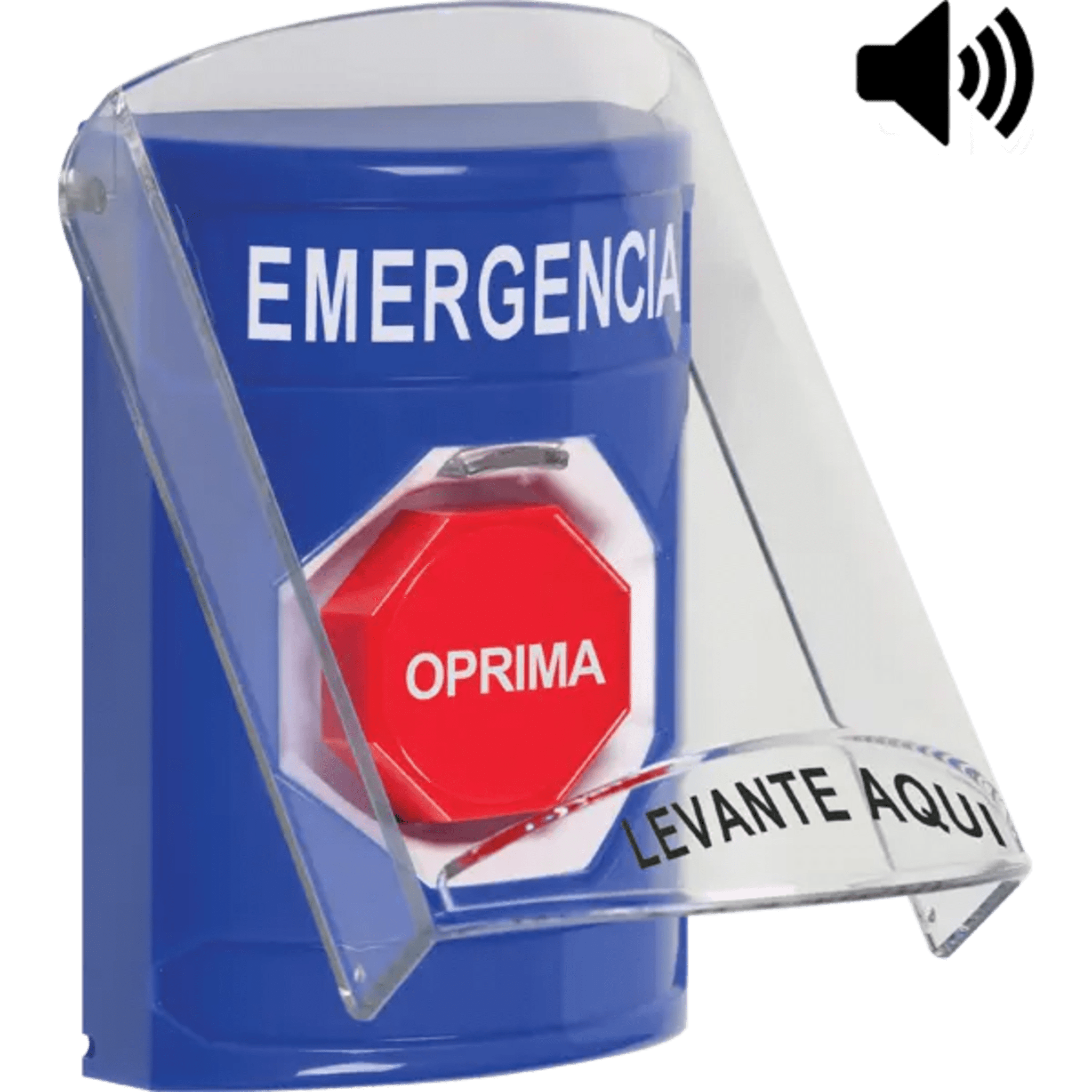 Sti ss24a2emes ?Botón Multipropósito, Color Azul, De Superficie, Con Tapa De Policarbonato, Con Bocina Pre Alarma, Solo Interior, Llave Para Restablecer, Texto De Emergencia, Español