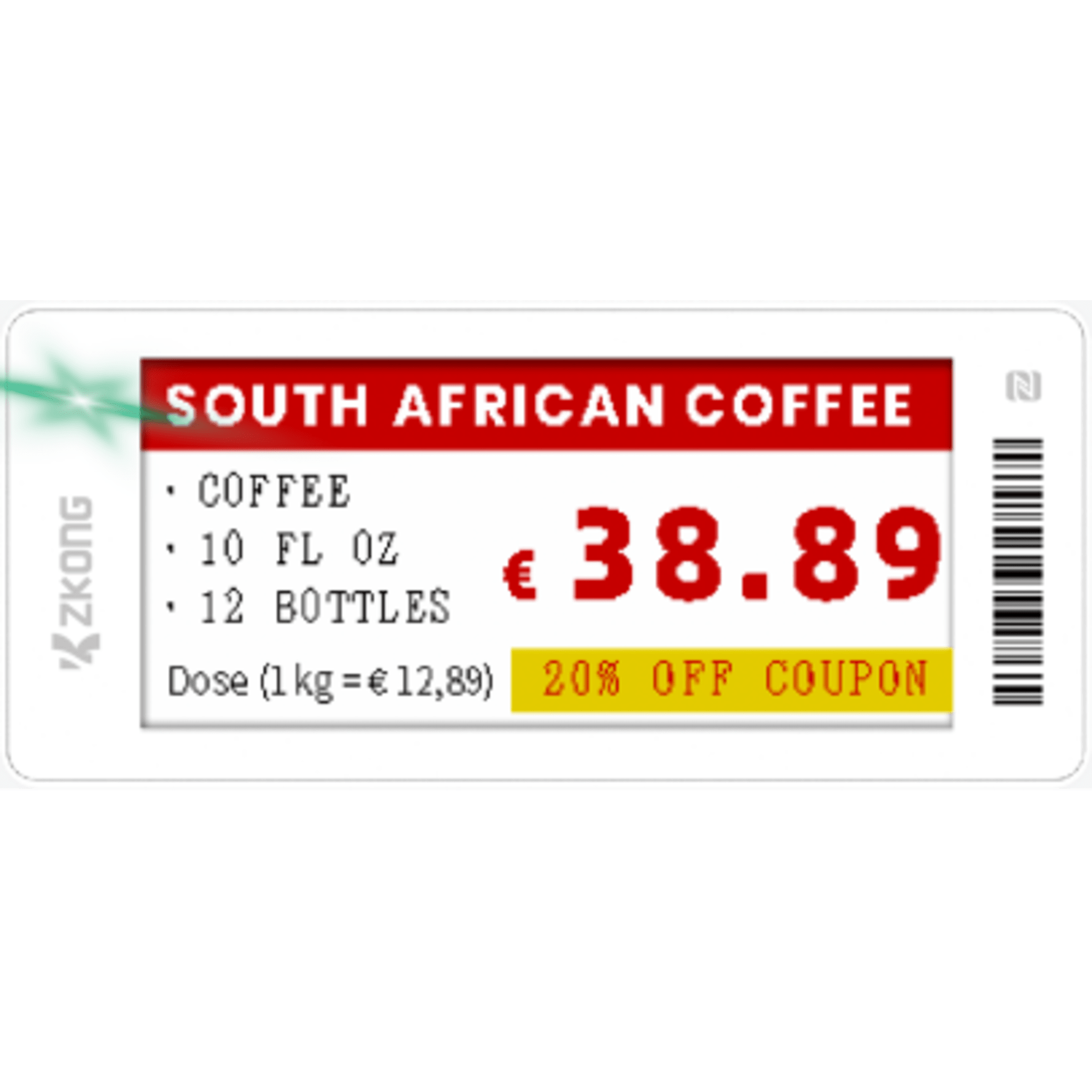 Zkong zkc29b Etiqueta Electrónica de Estantería ZKE29B / Pantalla EPD Gráfica 2.9 Pulgadas / Resolución 296x128 Píxeles / 4 Colores (Negro Blanco Rojo Amarillo) / BLE 5.0 con Encriptación AES-128 / Batería 5 Años