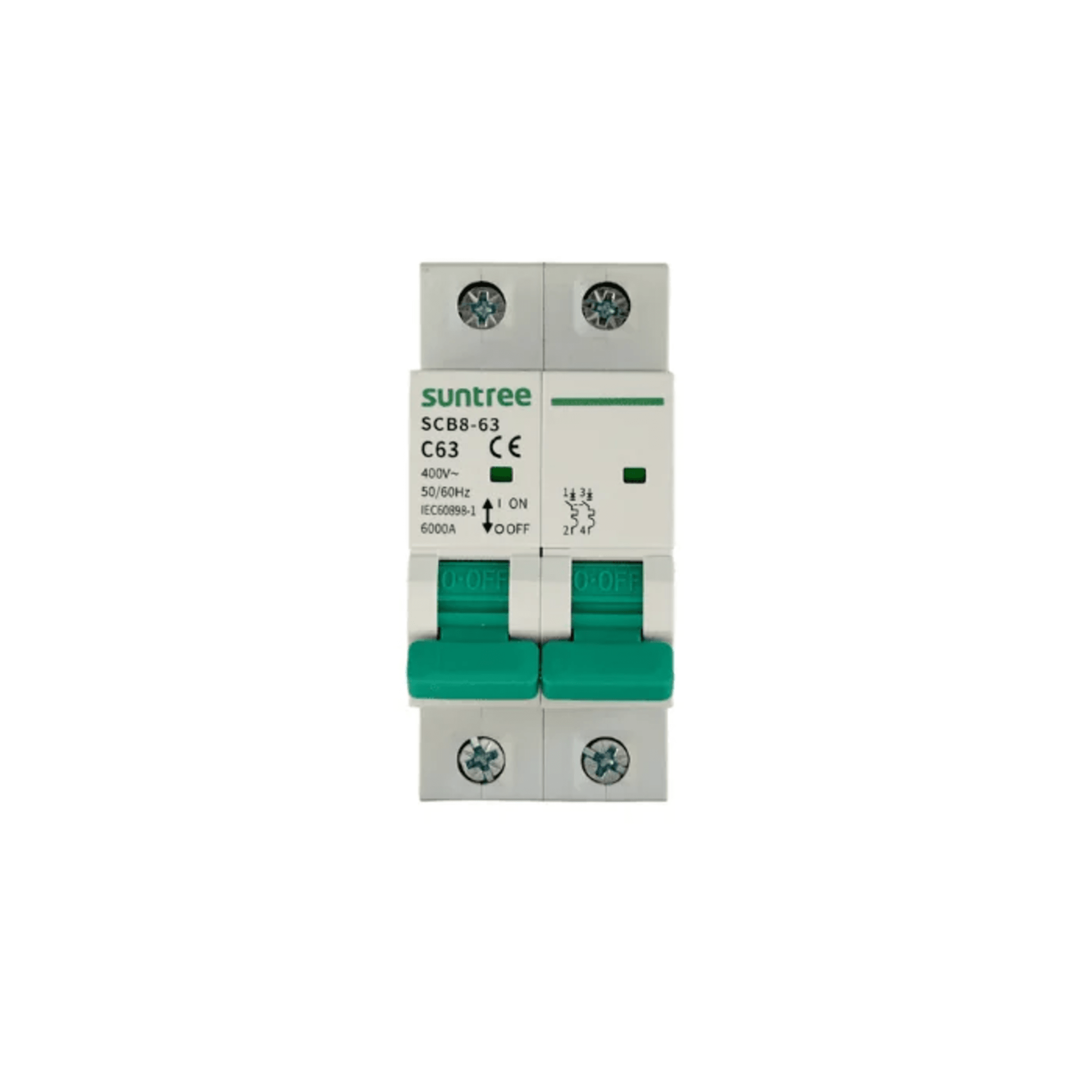 Suntree scb8-63c16/2p Protección Térmica/ Interruptor 2P, 16 A, Corriente Alterna 400Vca para Aplicación Fotovoltaica Montaje Riel DIN