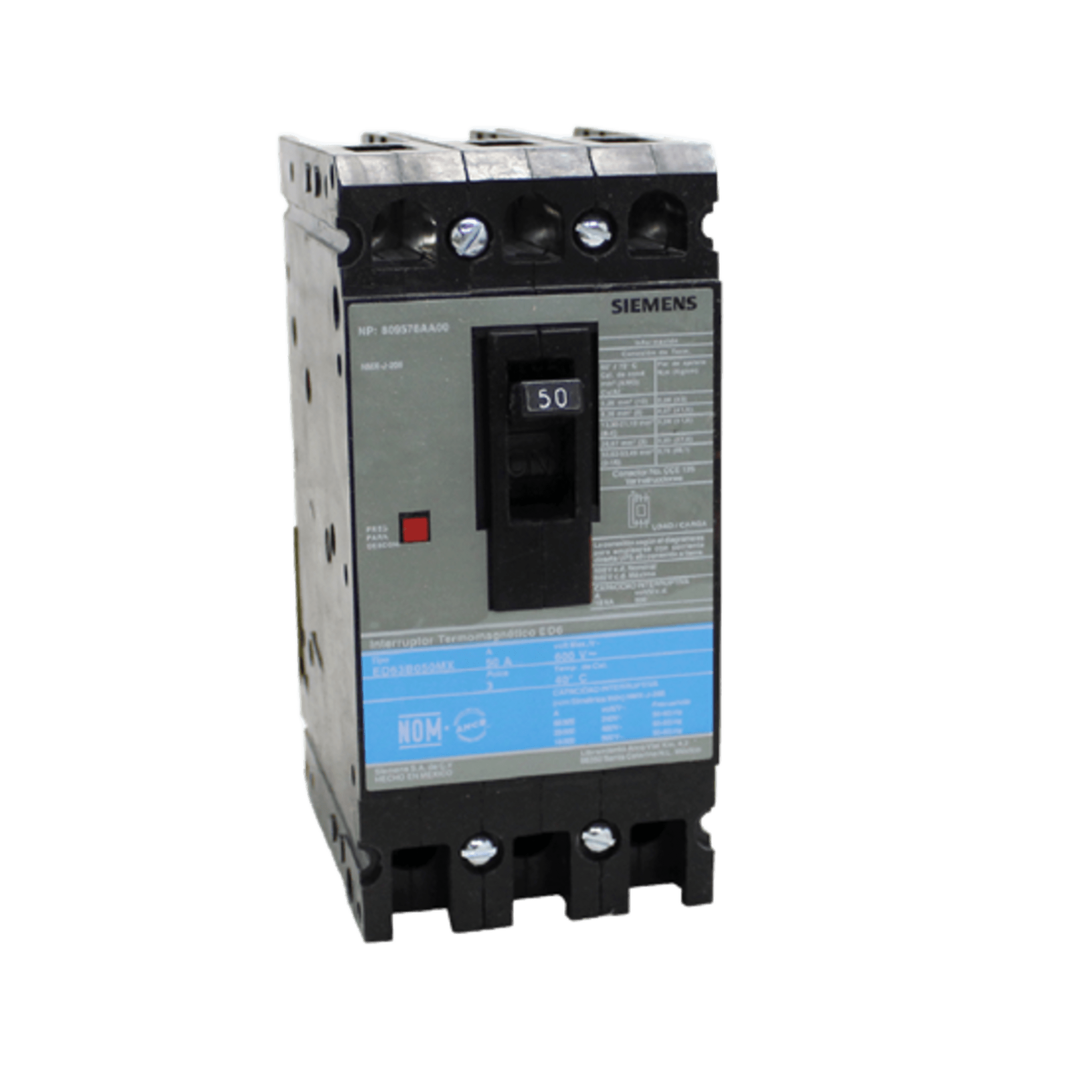 Siemens ed63b050mx Interruptor Termomagnético ED6 600V 3X50A, Sin zapatas principales.