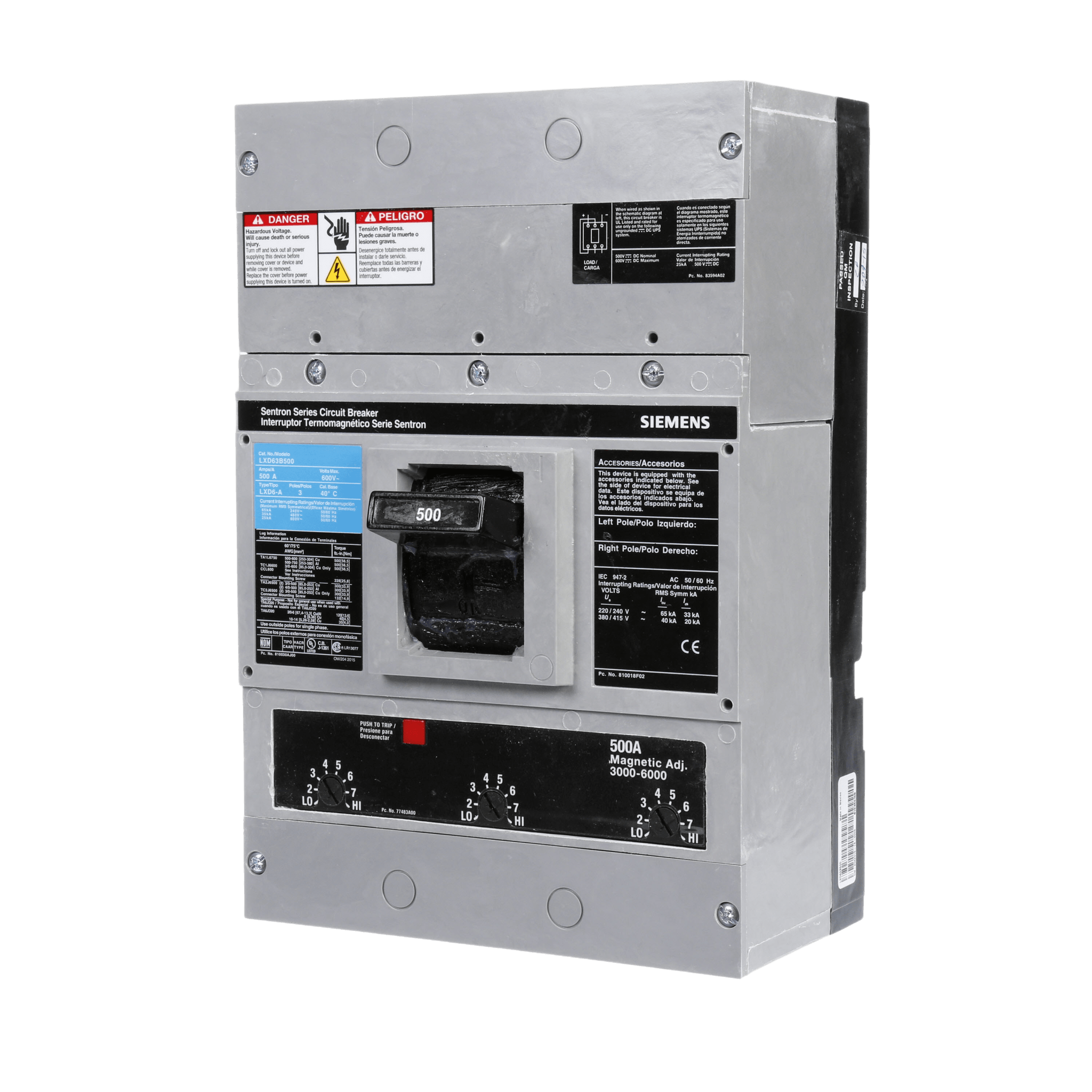 Siemens lxd63b500 Interruptor Termomagnético 600V 3X500A, Sin zapatas principales.