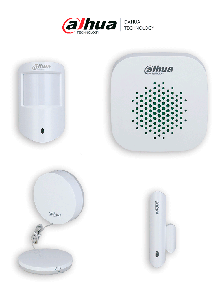 Dahua dhi-ard1233-w2 DAHUA PAQUETE BASE - Paquete básico de periféricos para sistemas inalámbricos de intrusión de Dahua, Incluye: 1 PIR para interior, 1 Contacto magnético, Sirena para interior, Detector de inundación, Administrable desde la aplicación DMSS