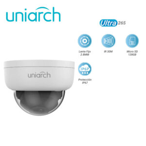 CAMARA IP DOMO UNIARCH IPC-D122-PF28K / 2MP / ULTRA265 / LENTE FIJO 2.8 MM / IR 30M / RANURA PARA MICRO SD HASTA 128 GB / IP67