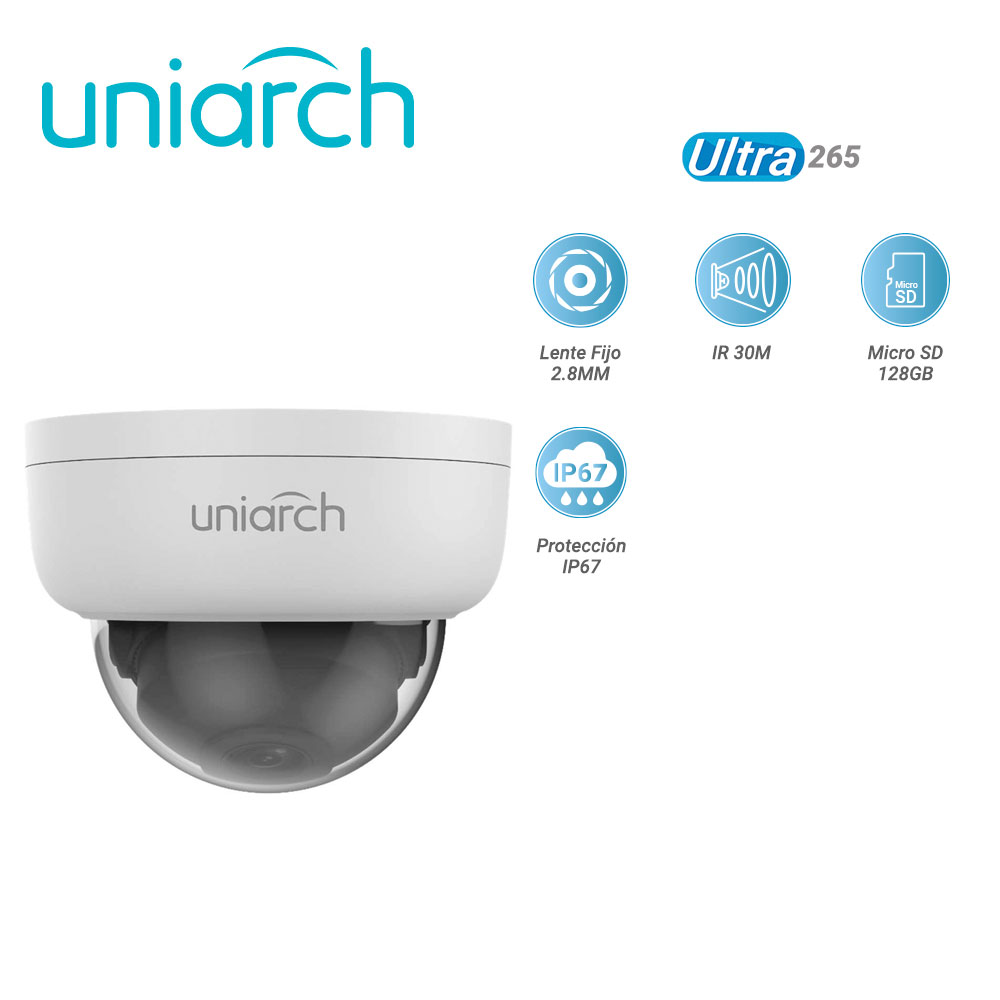 CAMARA IP DOMO UNIARCH IPC-D122-PF28K / 2MP / ULTRA265 / LENTE FIJO 2.8 MM / IR 30M / RANURA PARA MICRO SD HASTA 128 GB / IP67