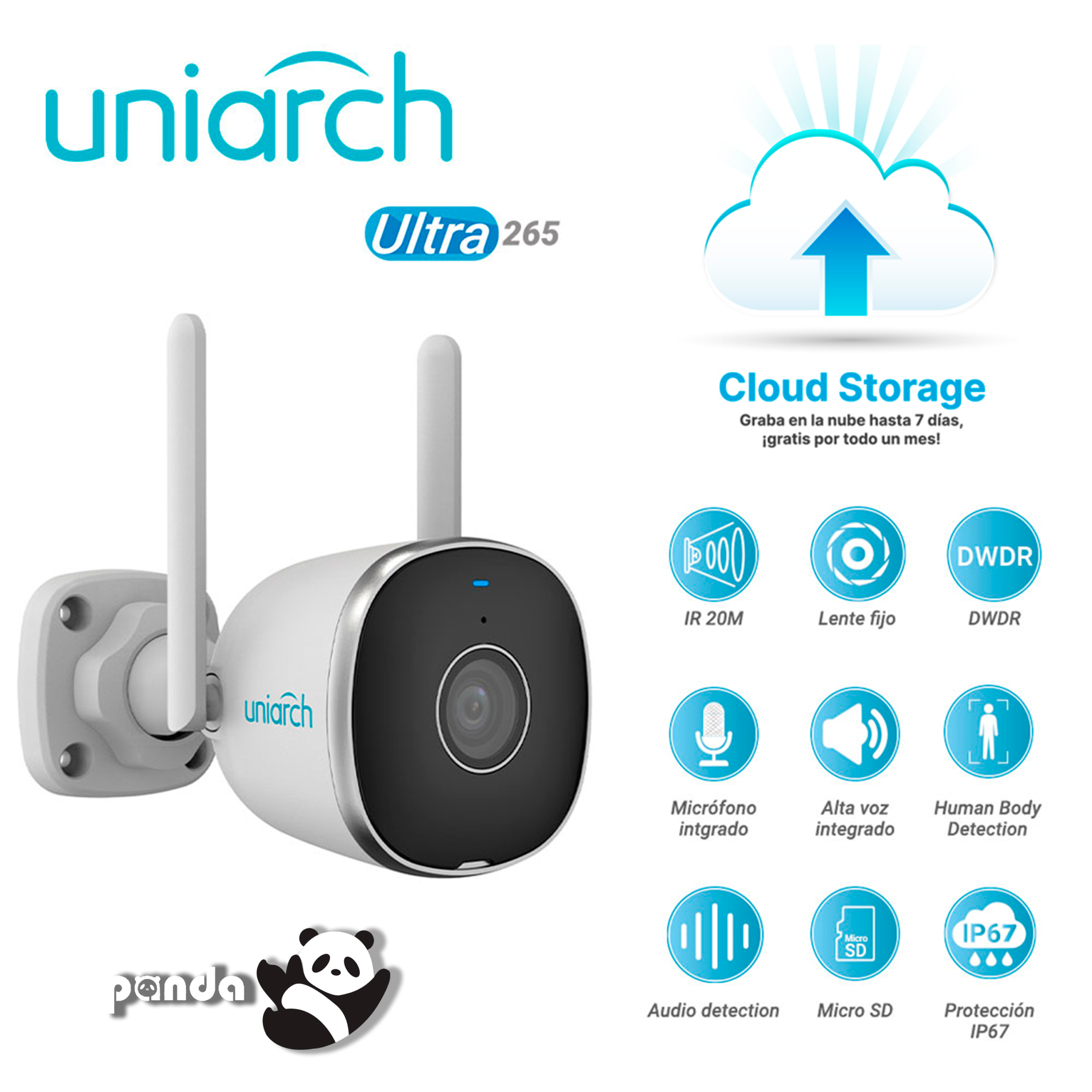 CAMARA IP BULLET WIFI 2.4 GHz CLOUD GRATUITO 7 DIAS UNIARCH UHO-B2R-M2F3 / 2MP / FULLHD / ULTRA265 / 12 VCD / DWDR / 3 AXIS / LENTE FIJO DE 2.8 MM / IR INTELIGENTE HASTA 20M / MICROFONO Y ALTAVOZ INTEGRADO / HUMAN BODY DETECTION / AUDIO DETECTION / RANURA PARA MICRO SD HASTA 128 GB / IP67 / 12VDC