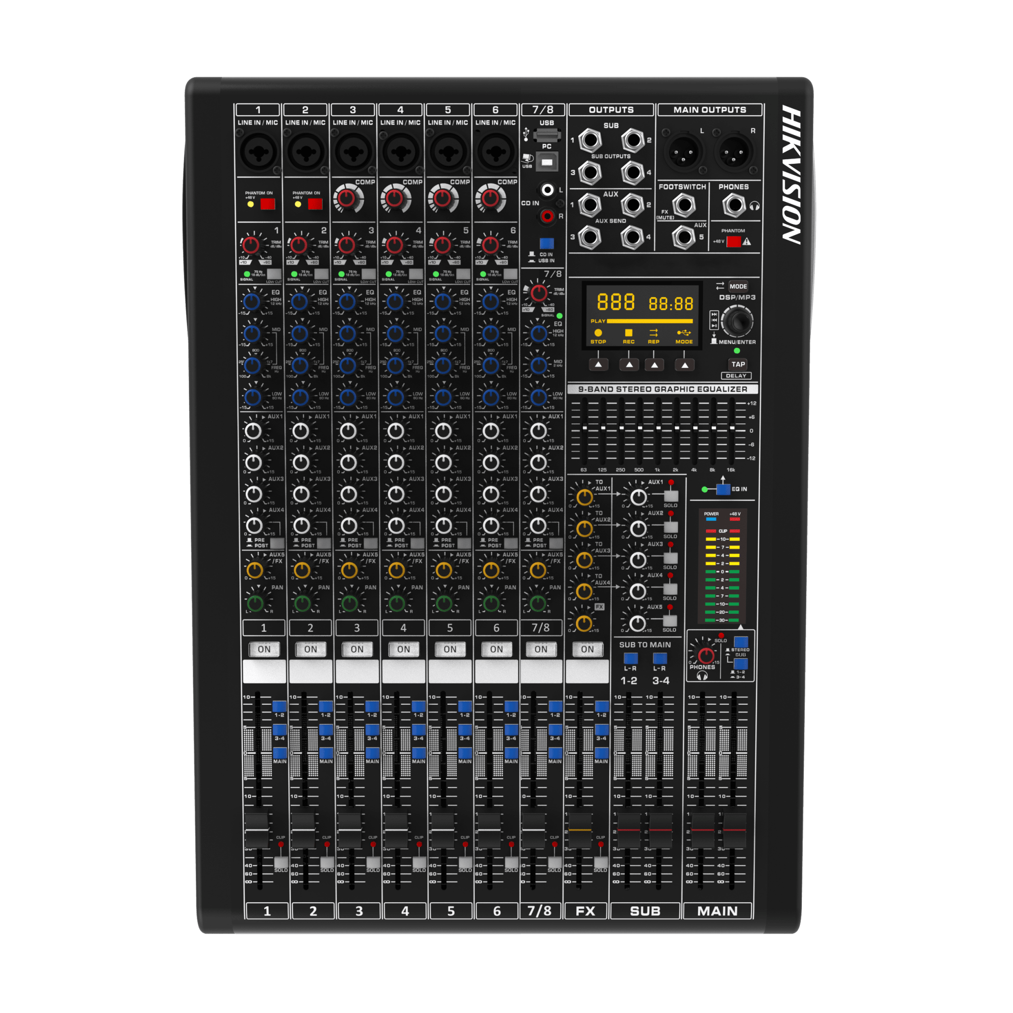 Hikvision ds-qapmcr8-a Consola de Mezcla Analógica DS-QAPMCR8-A | 8 Canales | 6 Entradas Mic/Línea | 12 Salidas | DSP Efectos | USB Media | Bluetooth | Montaje en Rack