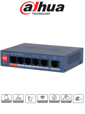 DAHUA DH-CS4006-4GT-60-V2- Switch PoE de 6 Puertos Gigabit/ 4 Puertos PoE 10/100/1000/ 2 Puertos Uplink 10/100/1000/ 60 Watts Totales/ Administrable en la Nube por DoLynk Care/ PoE Hasta 250 Metros/ Carcasa Metalica/ Switching 12 Gbps #MCI2 #RMM