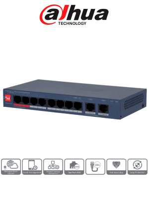 DAHUA DH-CS4010-8ET2GT-110 - Switch PoE de 10 Puertos/ 8 Puertos PoE 10 & 100/ 2 Puertos Uplink GE/ 2 Puertos PoE con Suministro de Hasta 90W/ 110 Watts Totales/ Administrable en la Nube por DoLynk Care/ PoE 250 Metros/ Metal/ Switching 5.6 Gbps/