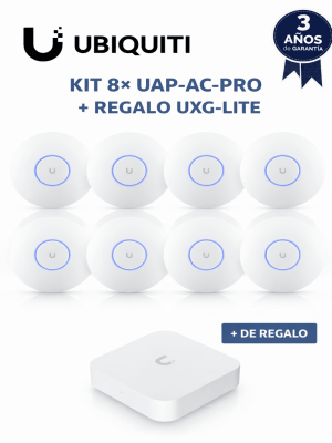 UBIQUITI KIT 8× UAP-AC-PRO + REGALO UXG-LITE  Paquete de 8 puntos de acceso UAP-AC-PRO de doble banda con MU-MIMO y PoE para cobertura Wi-Fi de alta densidad. Incluye de regalo el UXG-Lite para seguridad, routing y gestión centralizada.