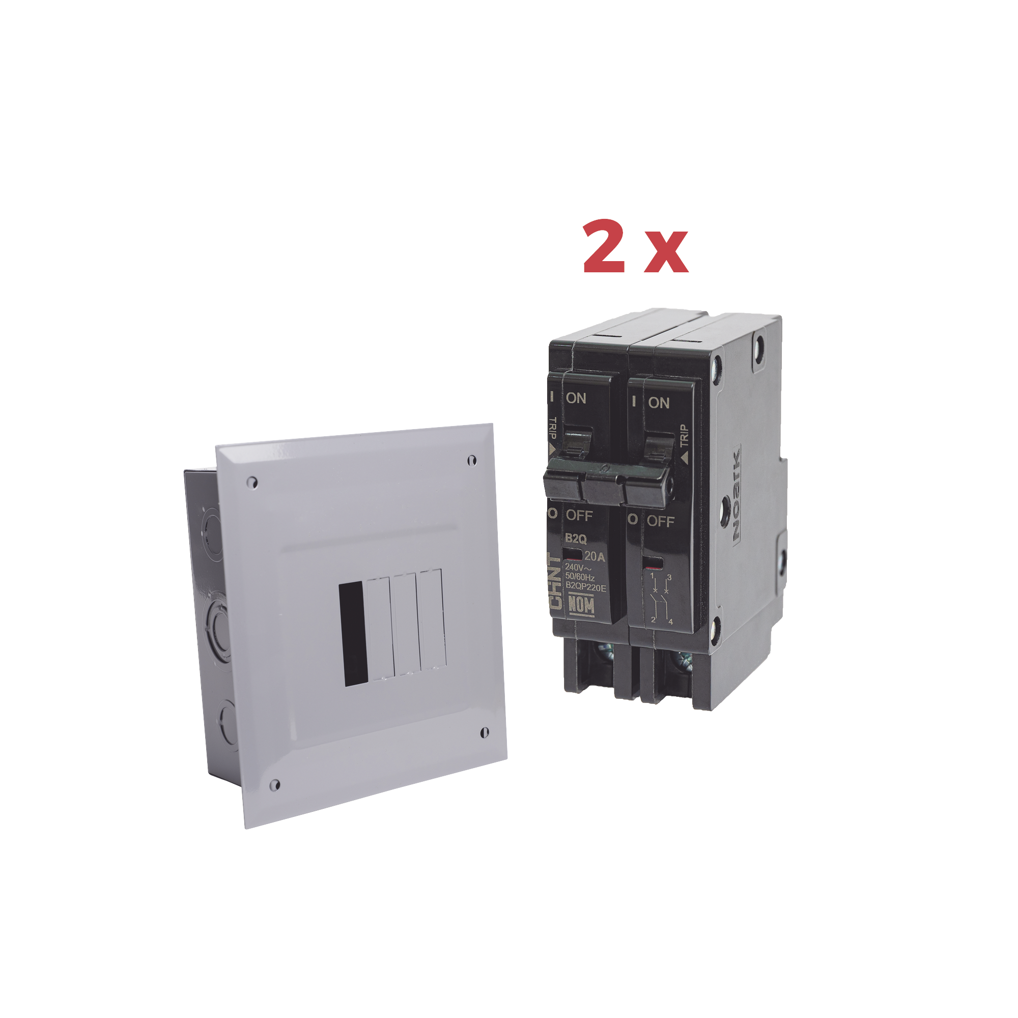 Chint kitc2q420e Kit Centro de Carga 4P para empotrar con 2 Interruptores Térmicos de 2 Polos, 20Amp 120/240Vca 10kA.