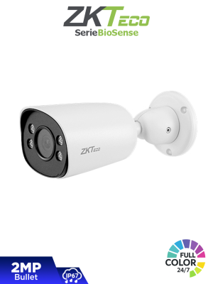 ZKTECO BS-852B31C-S2-C-MI-S  Cámara IP Bullet Full Color de 2 MP, Serie BioSense, Lente 2.8 mm, Micrófono Integrado, Video Analítico IVA, Visión nocturna a color hasta 30 m, PoE, IP67, Onvif y Carcasa Metálica