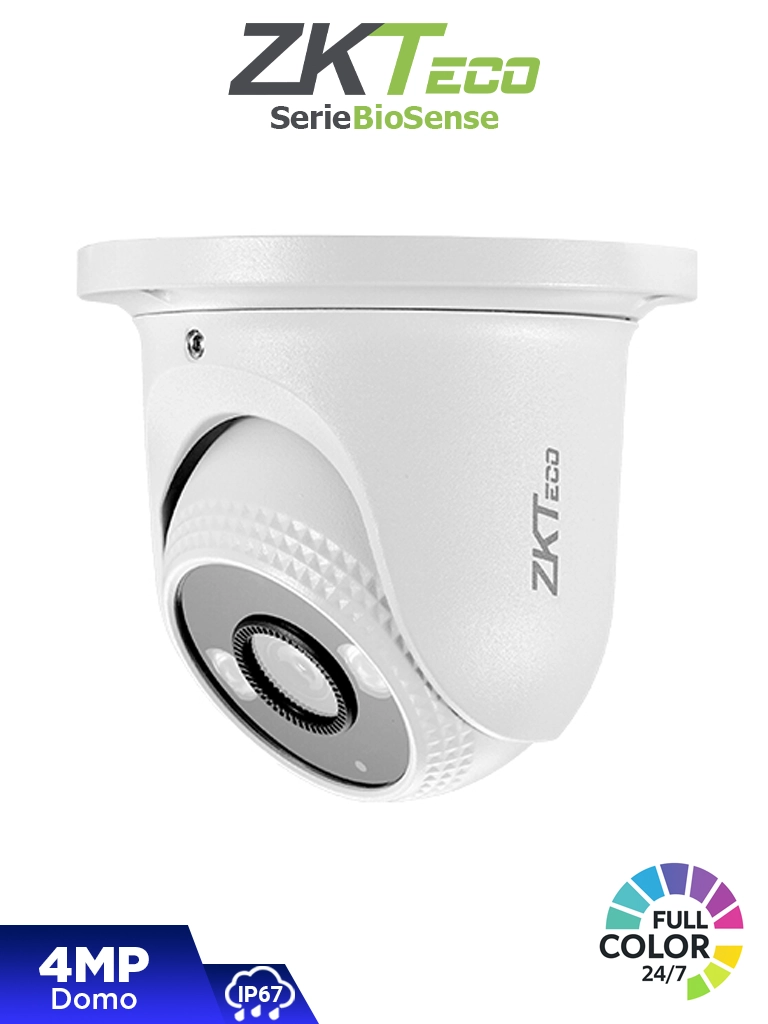 ZKTECO ES-854C31C-S4-C-MI-S Camara IP Domo Full Color de 4 MP, Serie BioSense, Lente 2.8 mm, Micrófono Integrado, Video Analítico IVA, Visión nocturna a color hasta 30 m, PoE, IP67, Onvif y Carcasa Metálica