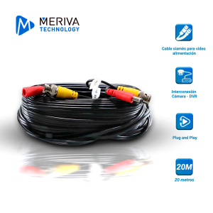 Meriva Technology mva-hdcb20 Cable De Video Hd Armado Meriva Mva-Hdcb20 20Mts Negro Con Conectores De Video Bnc Y Corriente Optimizado Para Ahd/Hdtvi/Hdcvi Y Audio Por Coaxial