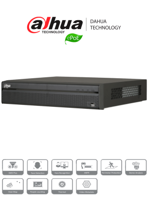 DAHUA NVR5208-8P-4KS2E - NVR 8 Canales IP 4K / H265+ / Rendimiento 320 Mbps / 8 Puertos tecnologia E PoE hasta 800M / PoE / ANPR / HDMI / PoS / 2 SATA / P2P / DEWARPING