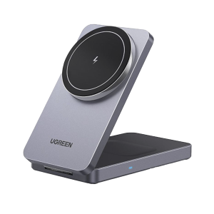 Ugreen 45056 Cargador Inalámbrico 2 en 1 20W / Tecnología Qi2 15W Certificada / Carga Simultánea iPhone y AirPods / Ángulo Ajustable 70° / Diseño Plegable y Portátil / Compatibilidad Universal