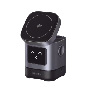 Ugreen 45775 Cargador Inalámbrico Robot 2 en 1 UGREEN Qi2 / 15W Ultra Rápido para iPhone / 5W para AirPods / Pantalla Inteligente con Expresiones / Imanes N48H / Puerto USB-C 5W para Apple Watch / Compatibilidad MPP