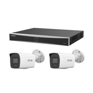 Hikvision acukit2cam [ KIT ACUSEEK 2 CAM + 1 NVR ] / NVR 12 Megapixel / 8 Canales IP / 8 Puertos PoE / Cámara 4 MP / Tipo Bullet / Luz Dual 30 mts IR + 30 mts Luz blanca / Microfono Integrado / Exterior IP67 / WDR