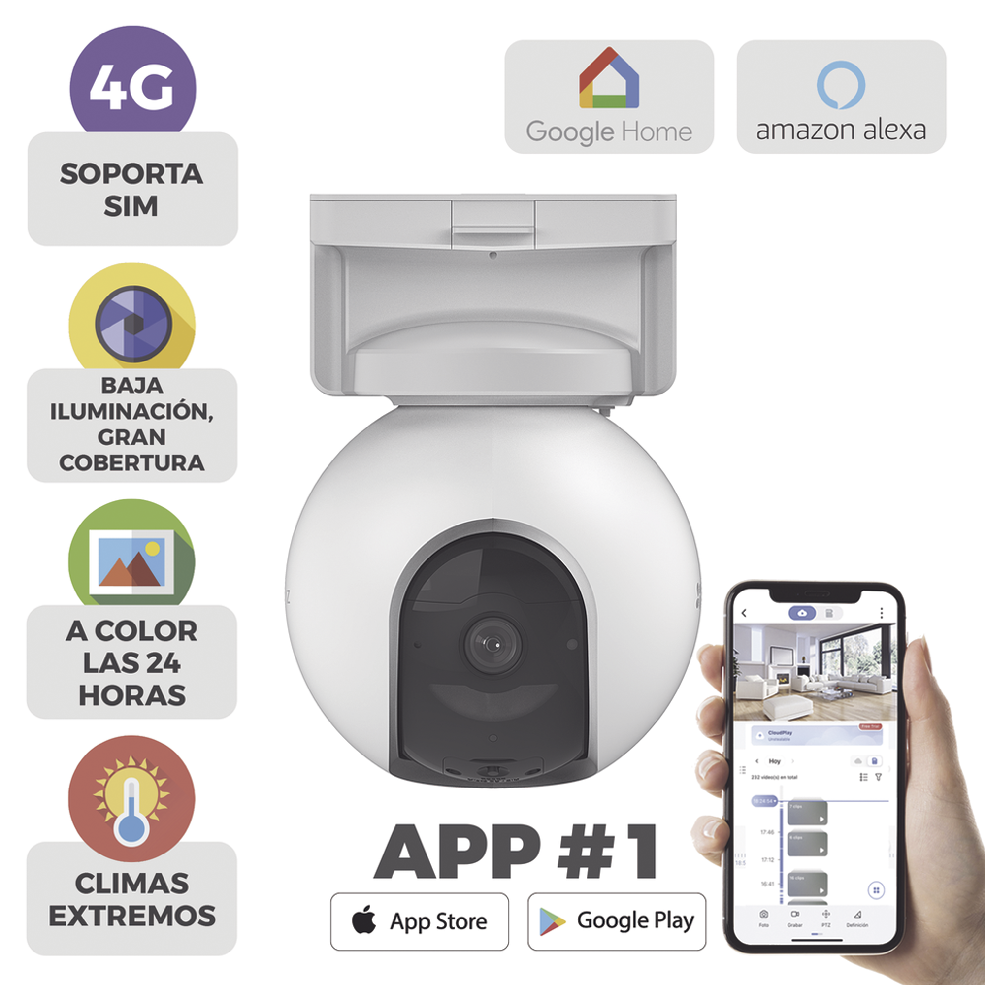 Ezviz cs-eb8/4g Camara de Batería Recargable / 4G Multicarrier / 3 Megapixel / Compatible con Panel Solar CS-CMT-SOLARPANEL-E conector Tipo C / Seguimiento Inteligente / Visión Nocturna a Color / Detección humana / Exterior Con Potección