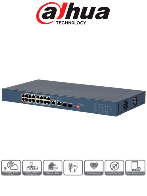 DAHUA DH-CS4218-16ET-240-V2 - Switch PoE Administrable de 18 Puertos / 16 Puertos PoE/ 240 Watts Totales/ Interfaz Web/ Puerto 1 y 2 Soportan 90 Watts/ 2 Puertos SFP/ 2 Puertos Uplink/ Administrable Cloud Dolink Care/ PoE Watchdog/ Switching 8.8 Gbps/