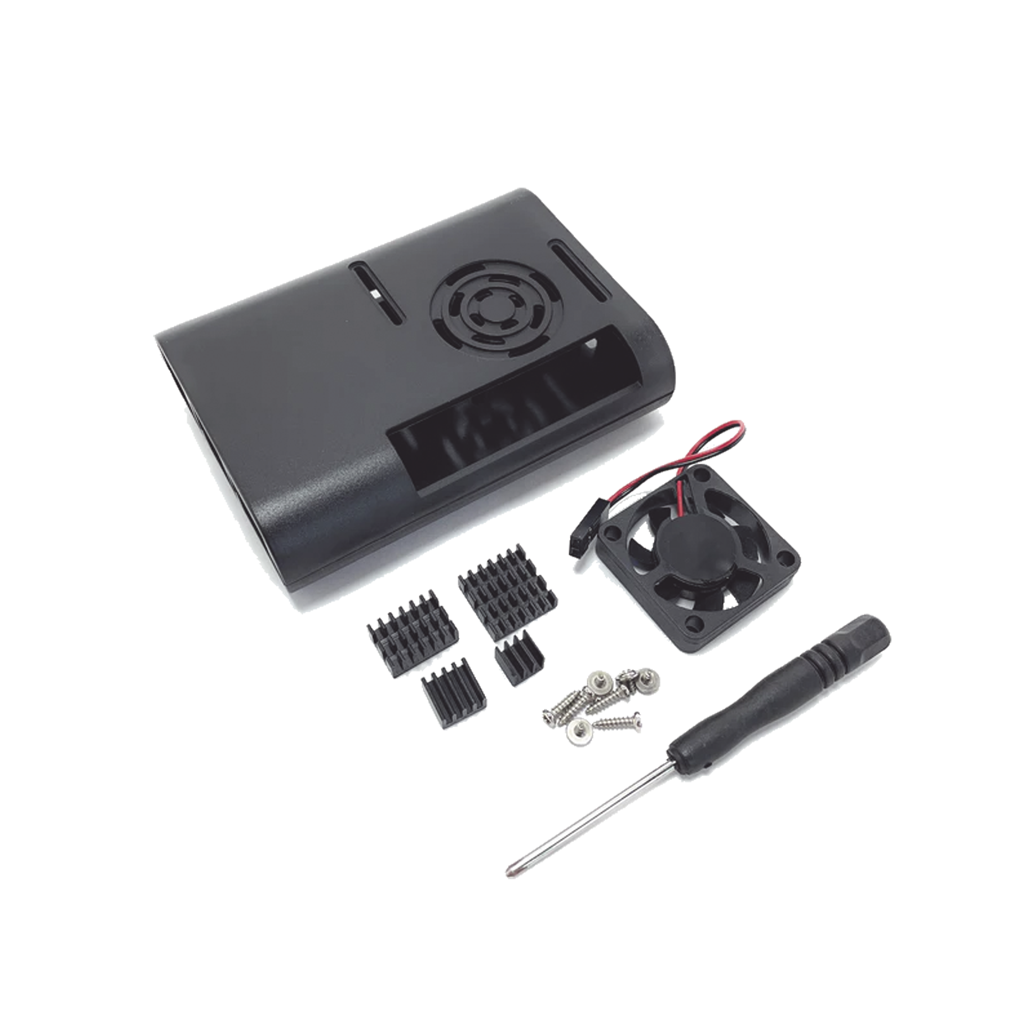 Raspberry Pi ic-00073 Kit Gabinete para Raspberry Pi 4 Model B / Plástico ABS / Color Negro / Ventilador / Disipadores / Incluye Desarmador