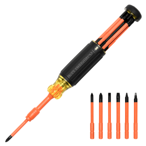 Klein Tools 32306-ins Destornillador Aislado 6-en-1 Auto-Lock / Aislado 1000V CAT III / Almohadilla de agarre / Almacenamiento de brocas integrado / Bits Philips #1 #2 / Slotted 3/16 1/4 / Square #1 #2