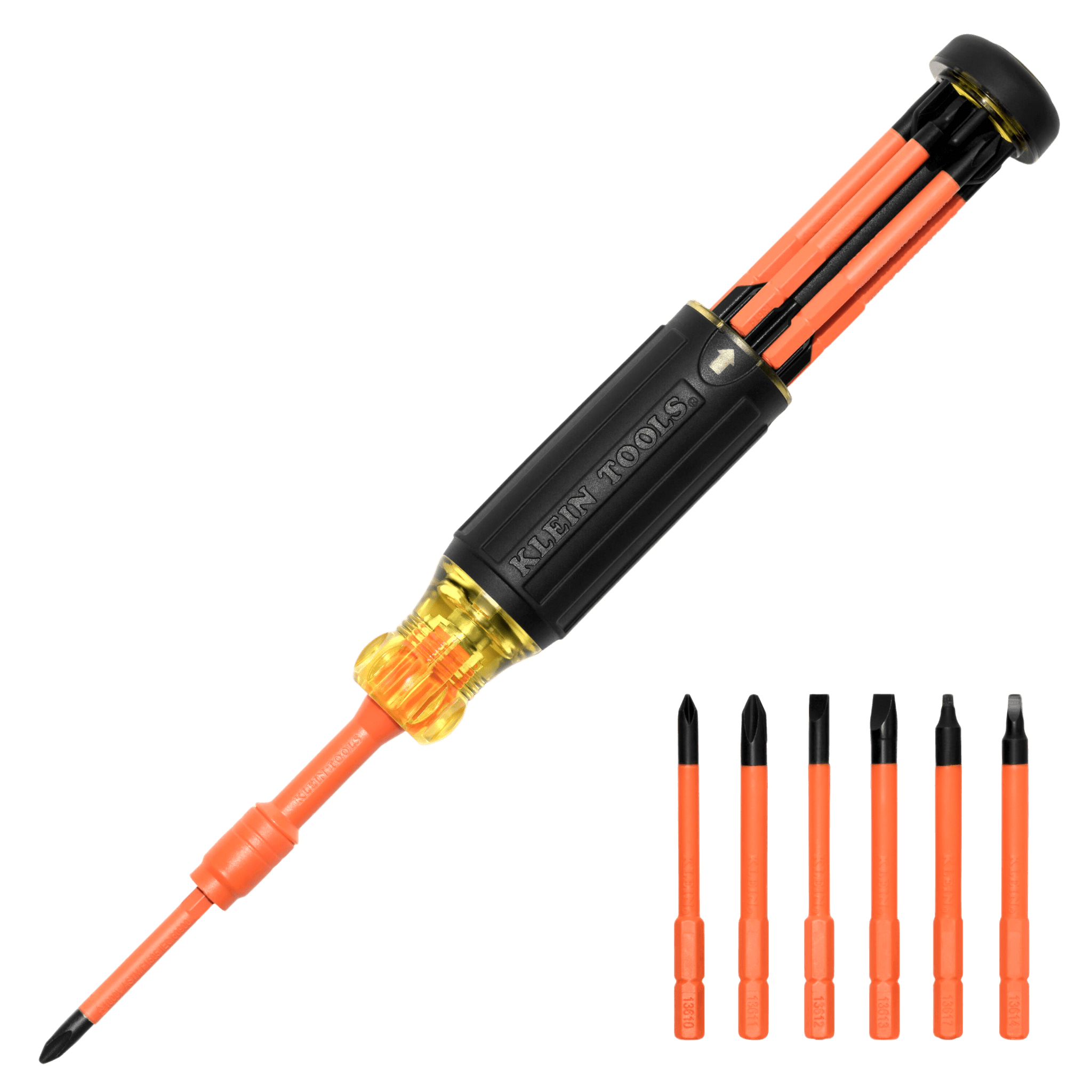 Klein Tools 32306-ins Destornillador Aislado 6-en-1 Auto-Lock / Aislado 1000V CAT III / Almohadilla de agarre / Almacenamiento de brocas integrado / Bits Philips #1 #2 / Slotted 3/16 1/4 / Square #1 #2